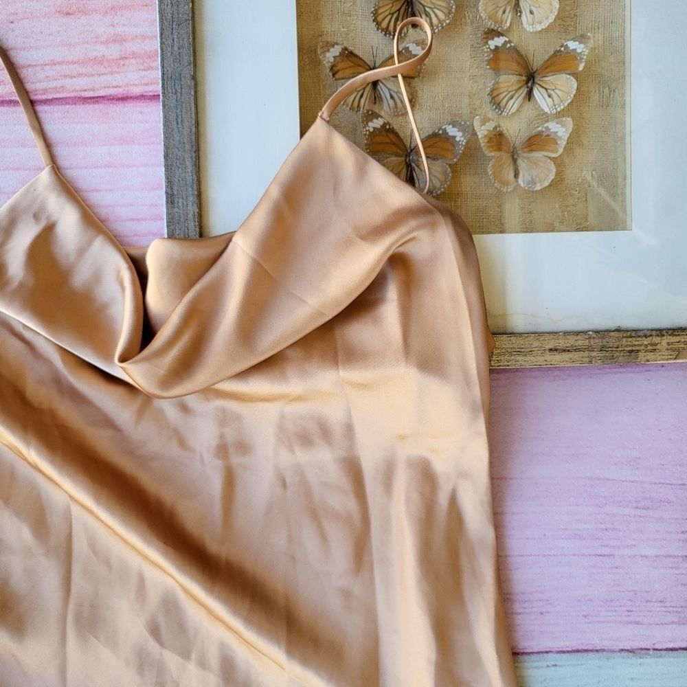 Petal & Pup Persia Gold Satin Draped Sleeveless Cocktail Midi Slip Dress 8US - Picture 8 of 12